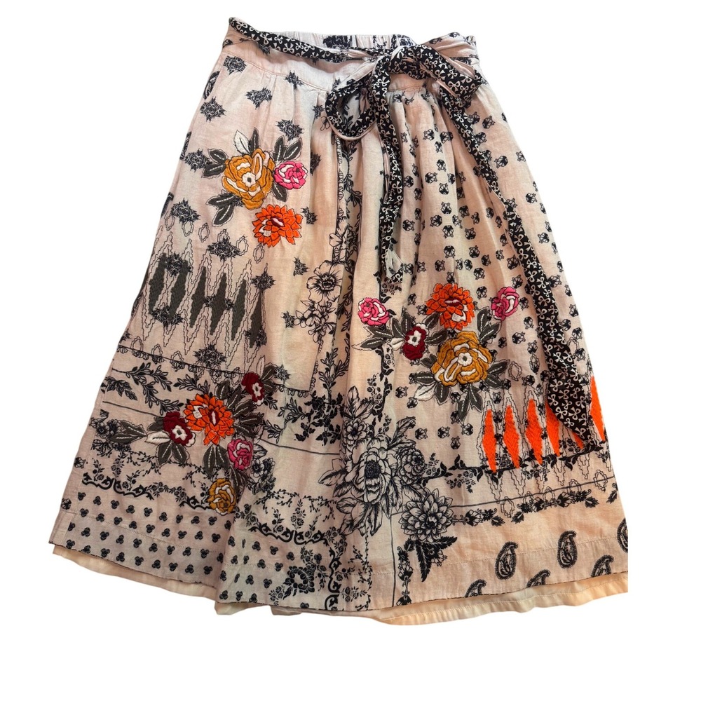 Vineet Bahl Anthropologie Devi Embroidered Midi Skirt XS Cream Floral Boho ALine